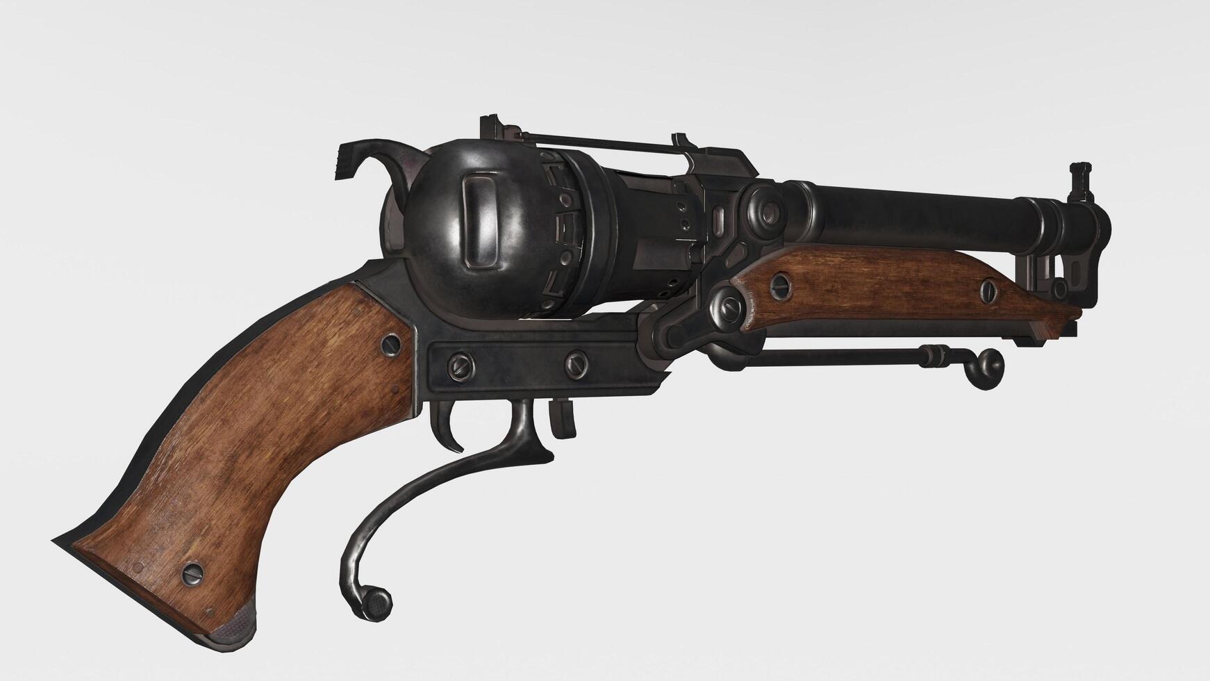 A gun with a wooden handle and a metal barrel photo