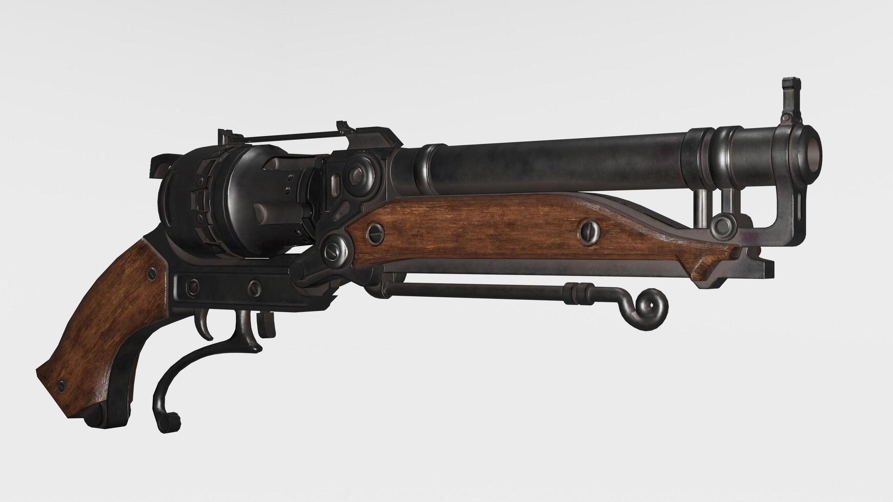 A gun with a wooden handle and a wooden stock photo