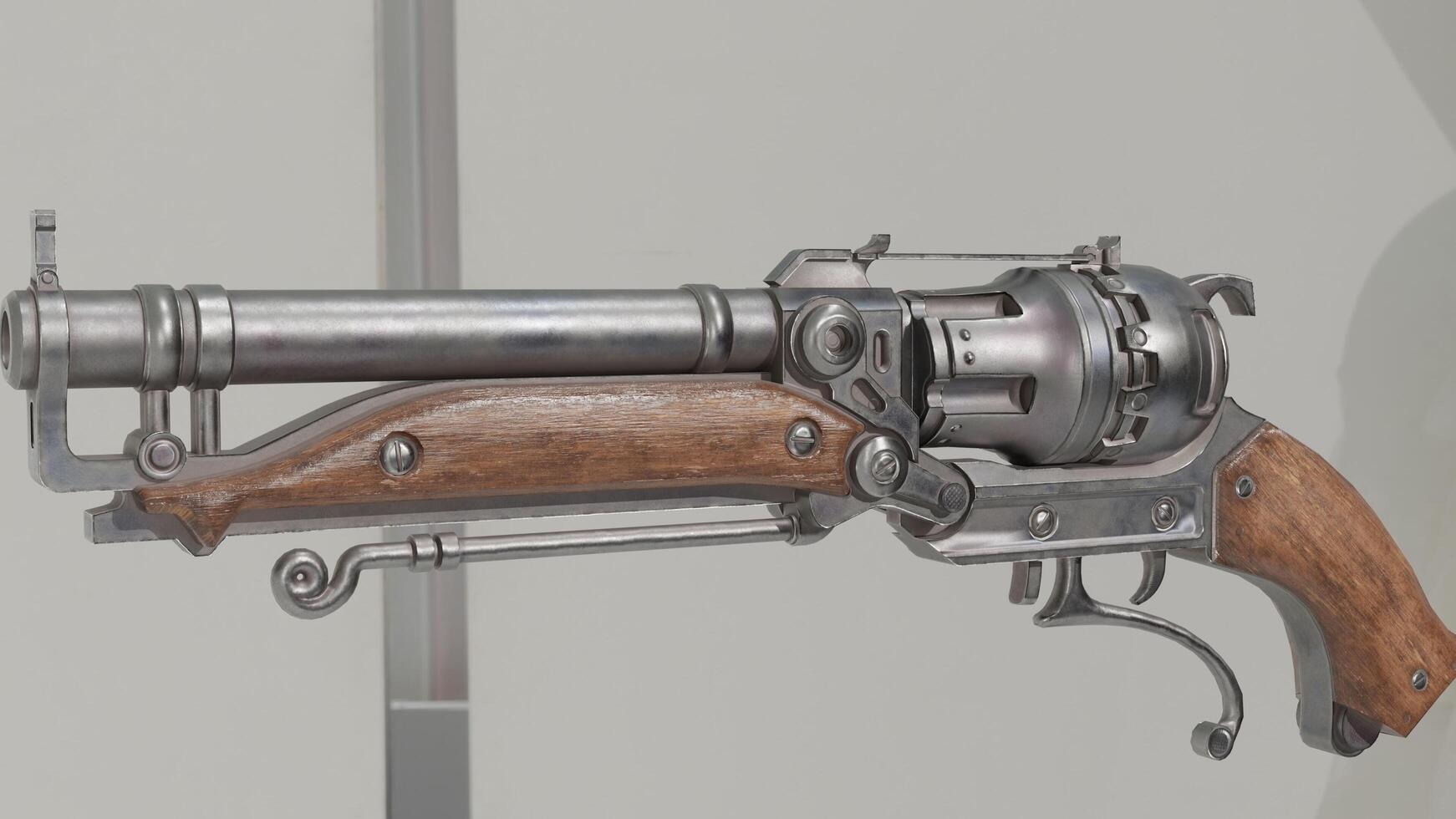A revolver with a wooden handle and a metal barrel photo