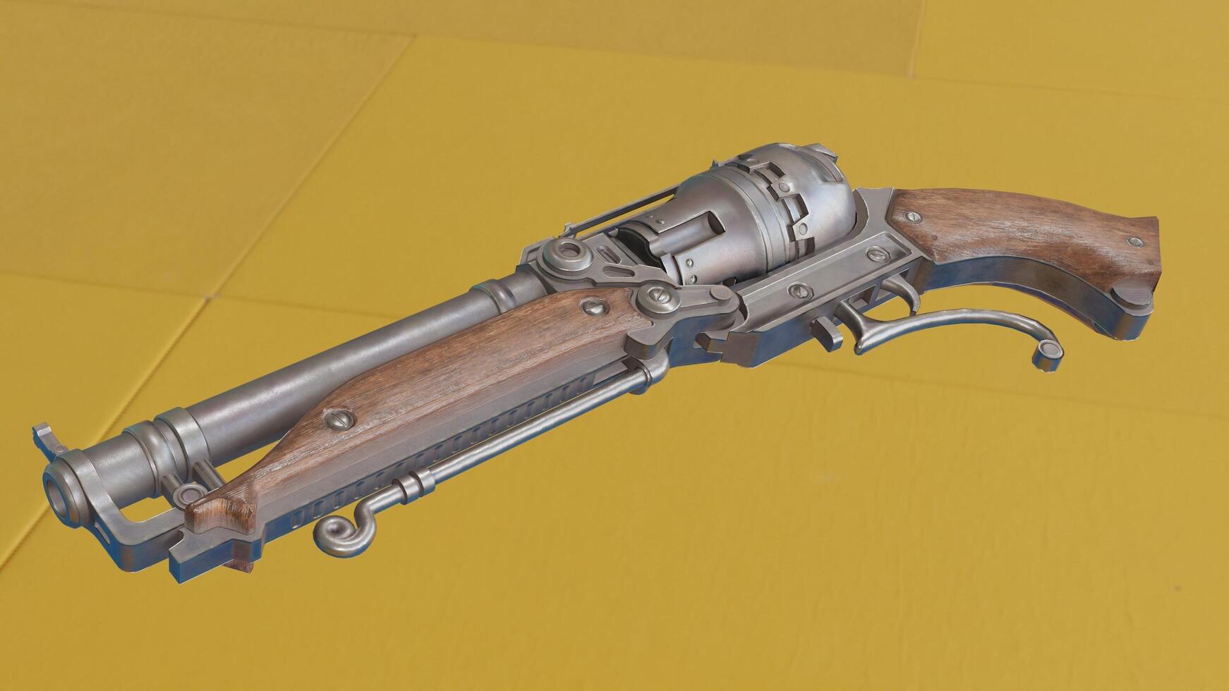 A gun with a wooden handle on a yellow background photo
