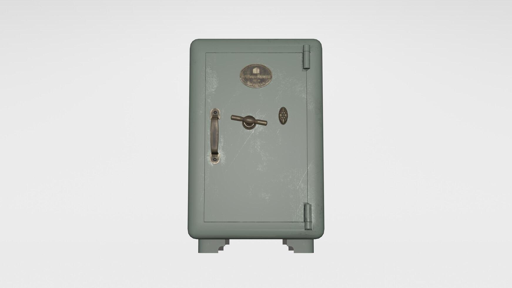 A green metal safe with a key on the door photo