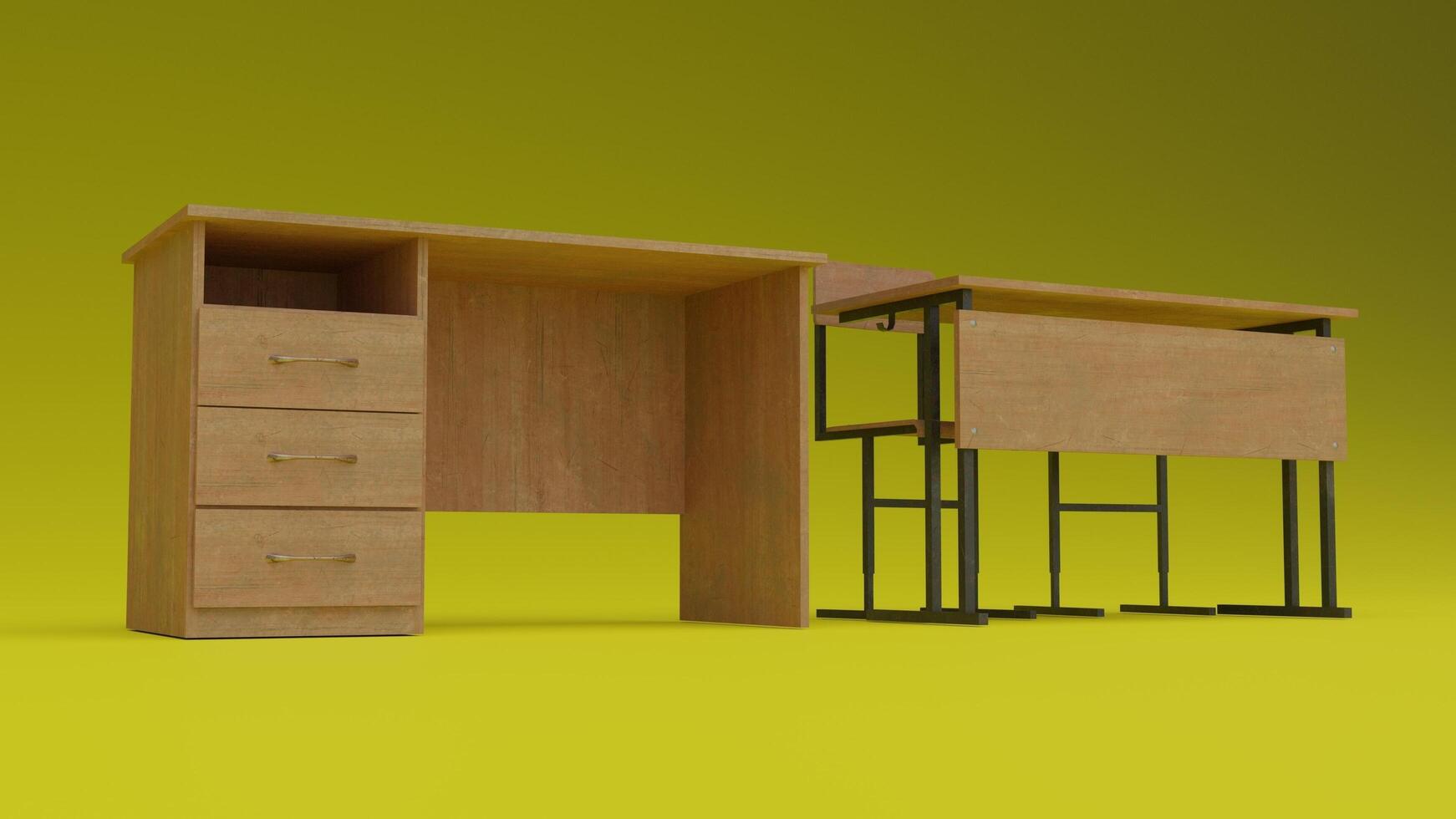 A desk and a chair with a yellow background photo