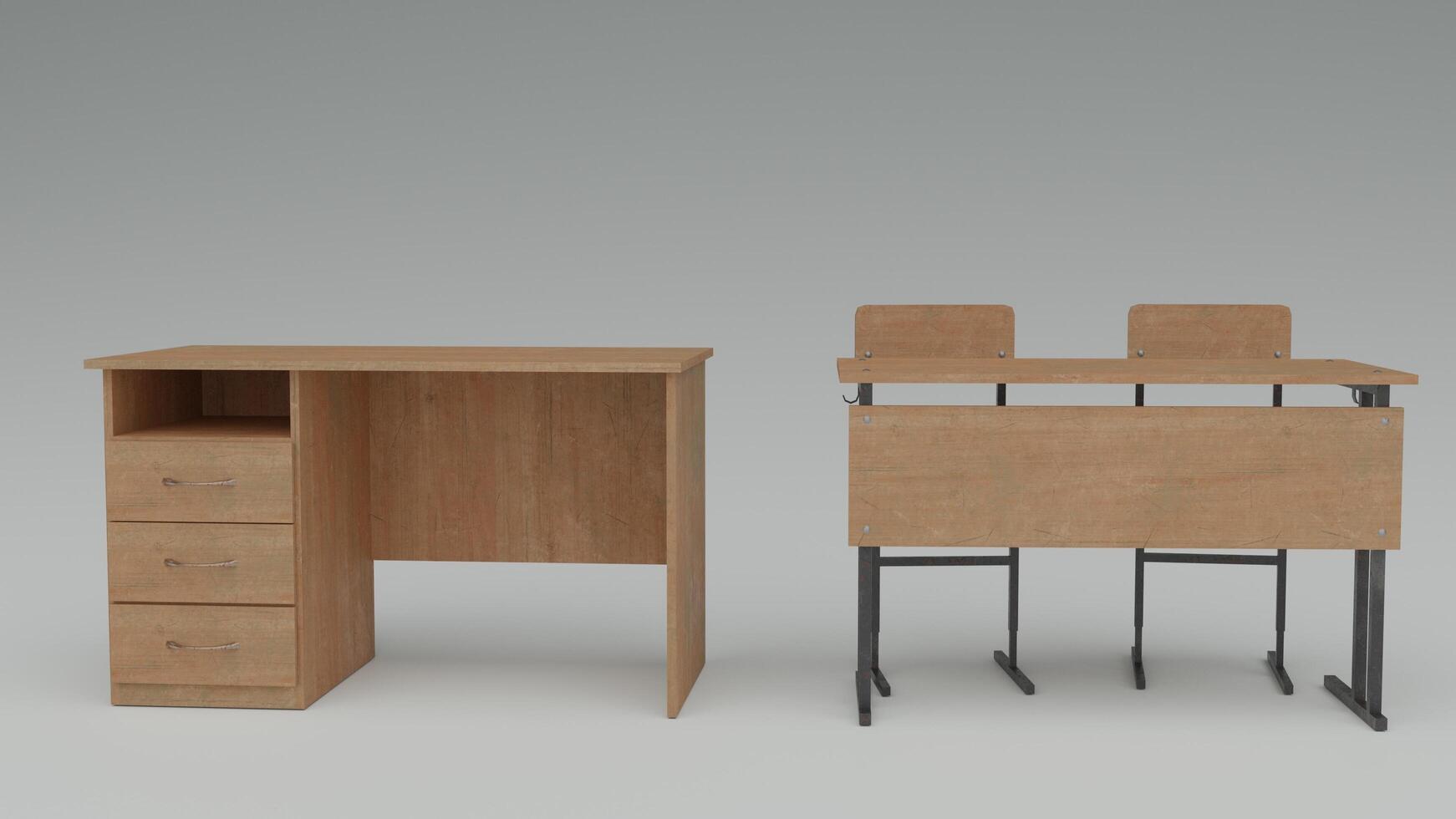 A desk and chair with a table in front of it photo