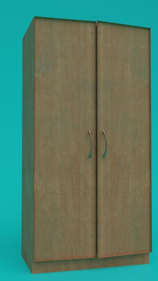A wooden cabinet with two doors on a blue background photo
