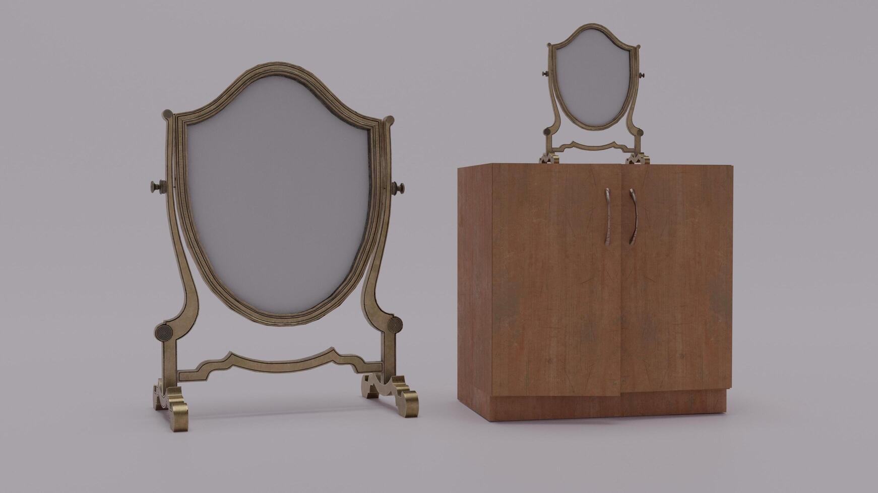 A mirror and cabinet with a mirror on top photo