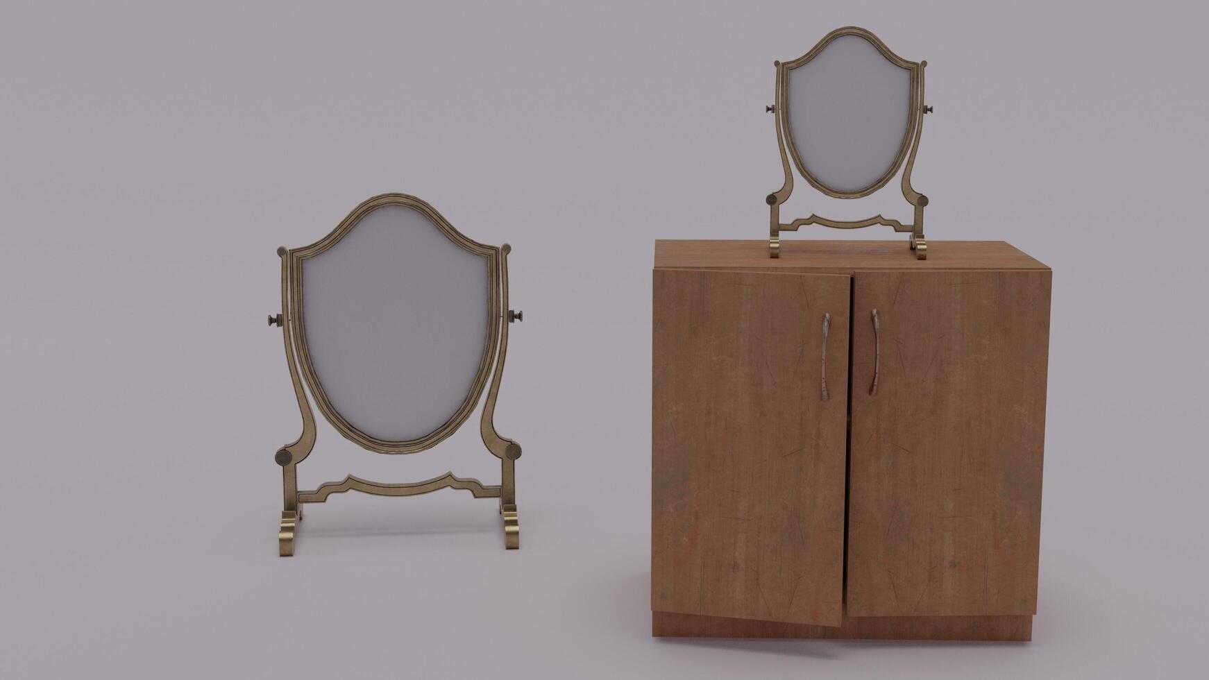 A wooden cabinet with a mirror and a mirror stand photo