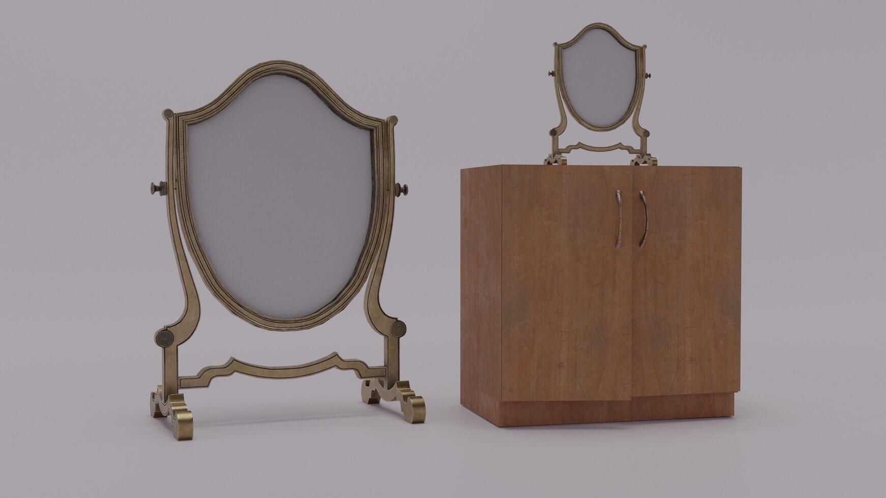 A mirror and cabinet with a mirror on top photo