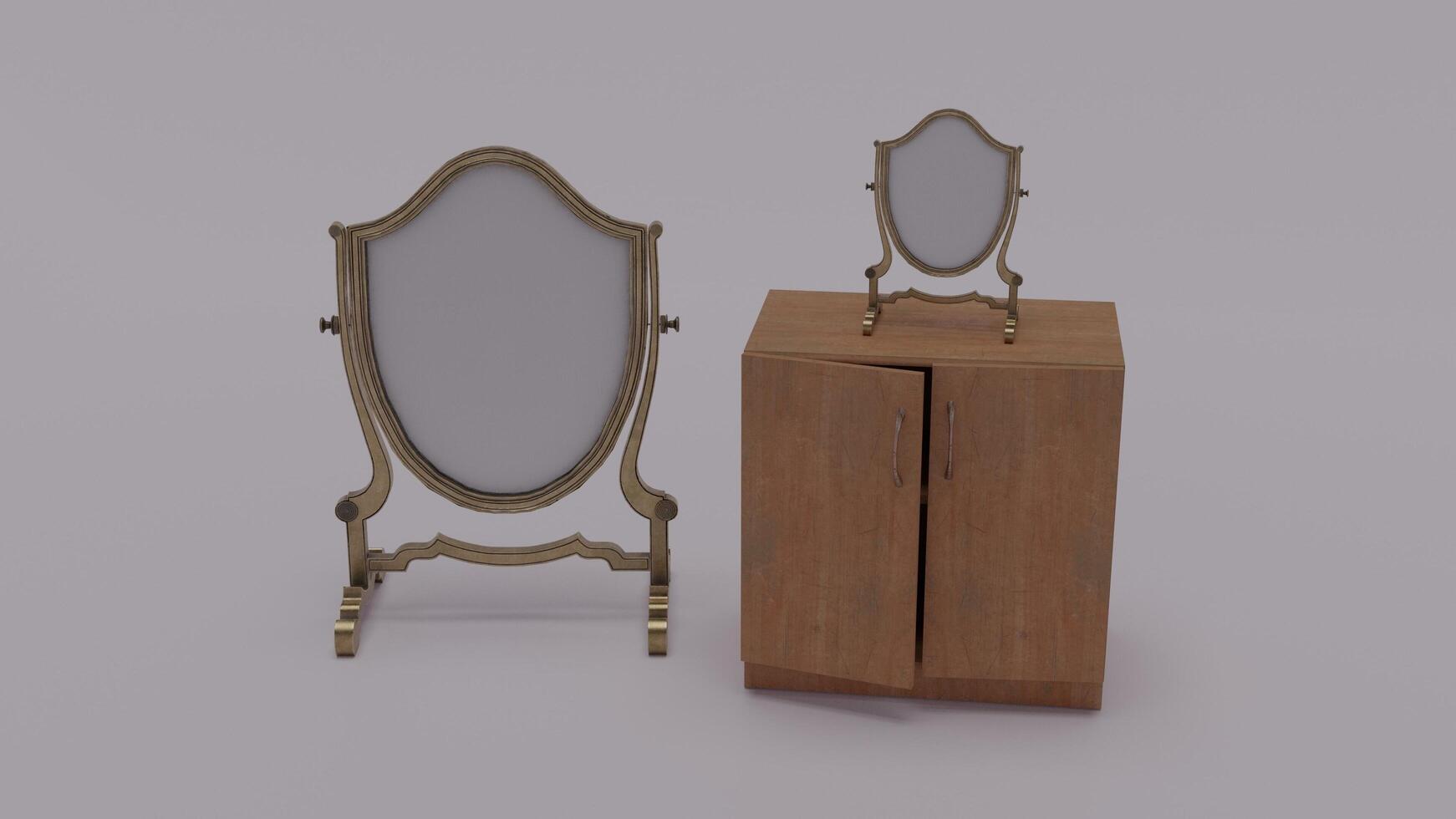 A mirror and a cabinet with a mirror on top photo