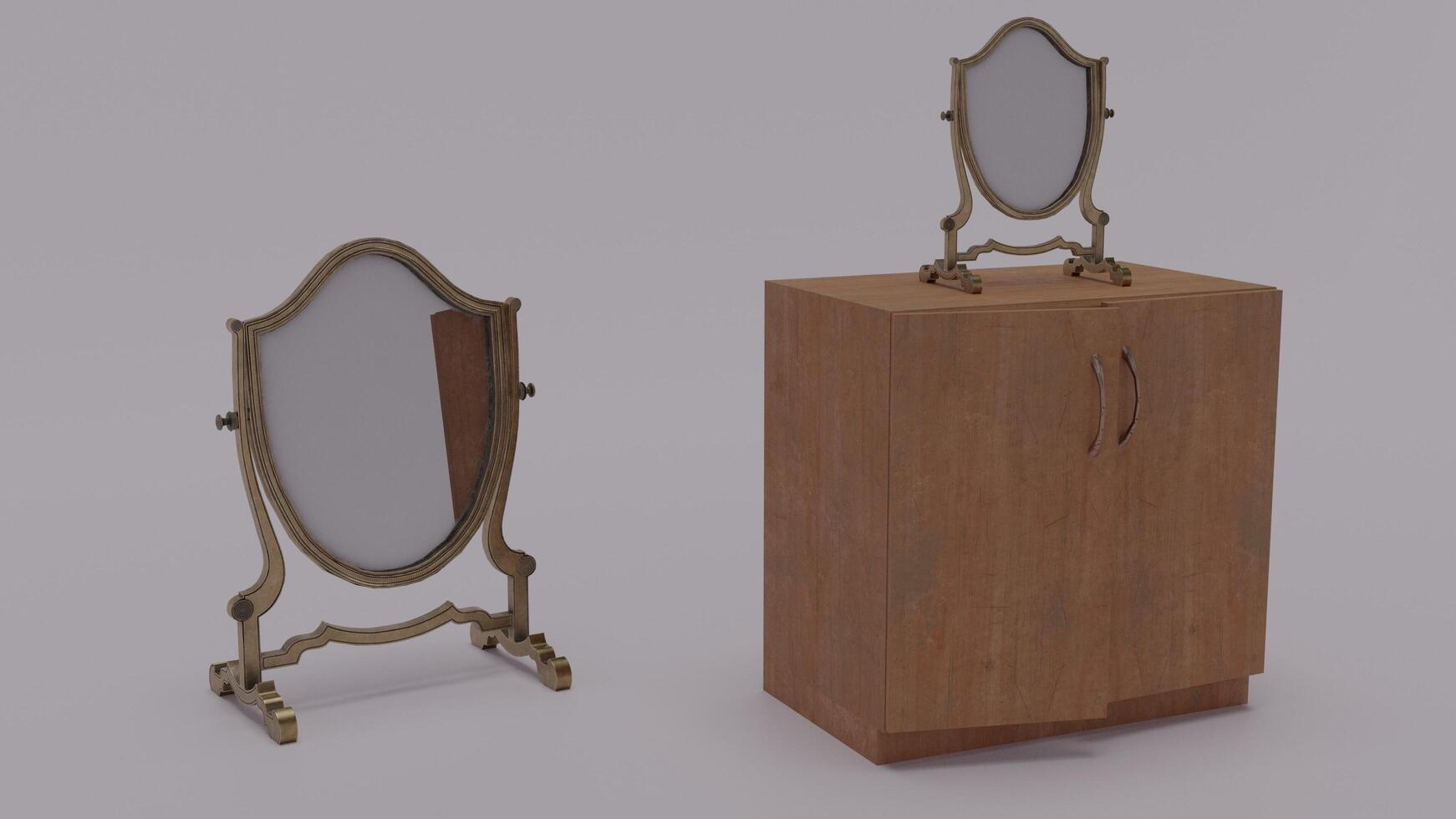 A wooden cabinet with a mirror and a mirror stand photo