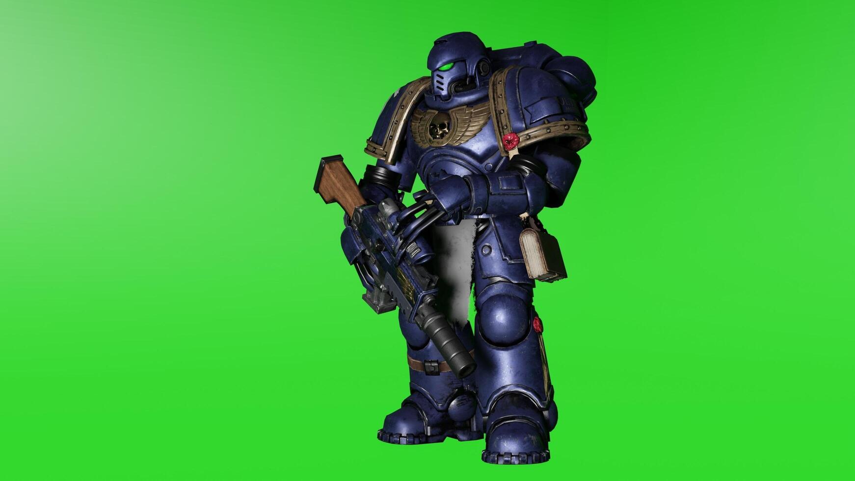 A space marine standing with his gun on a green screen photo