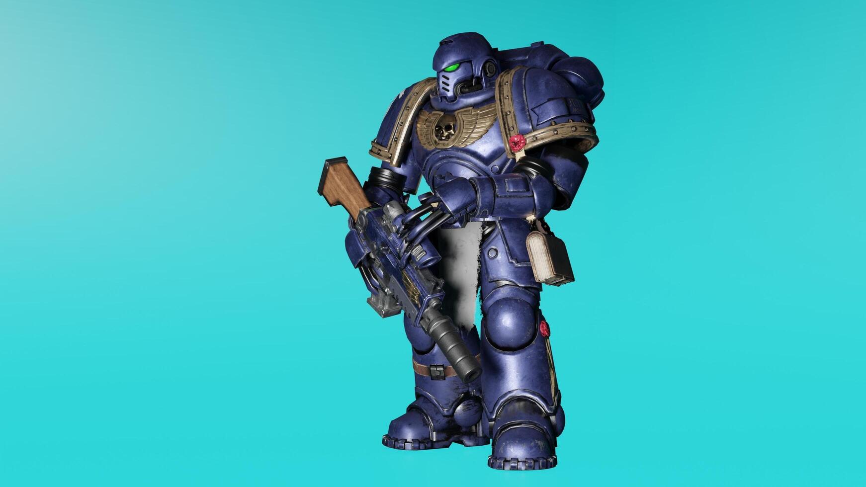 A 3d model of a space marine with a gun photo