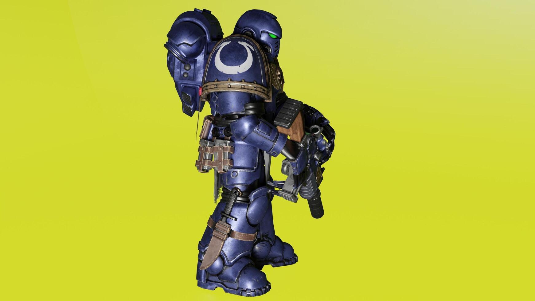 A blue warhammer with a gun and a helmet photo