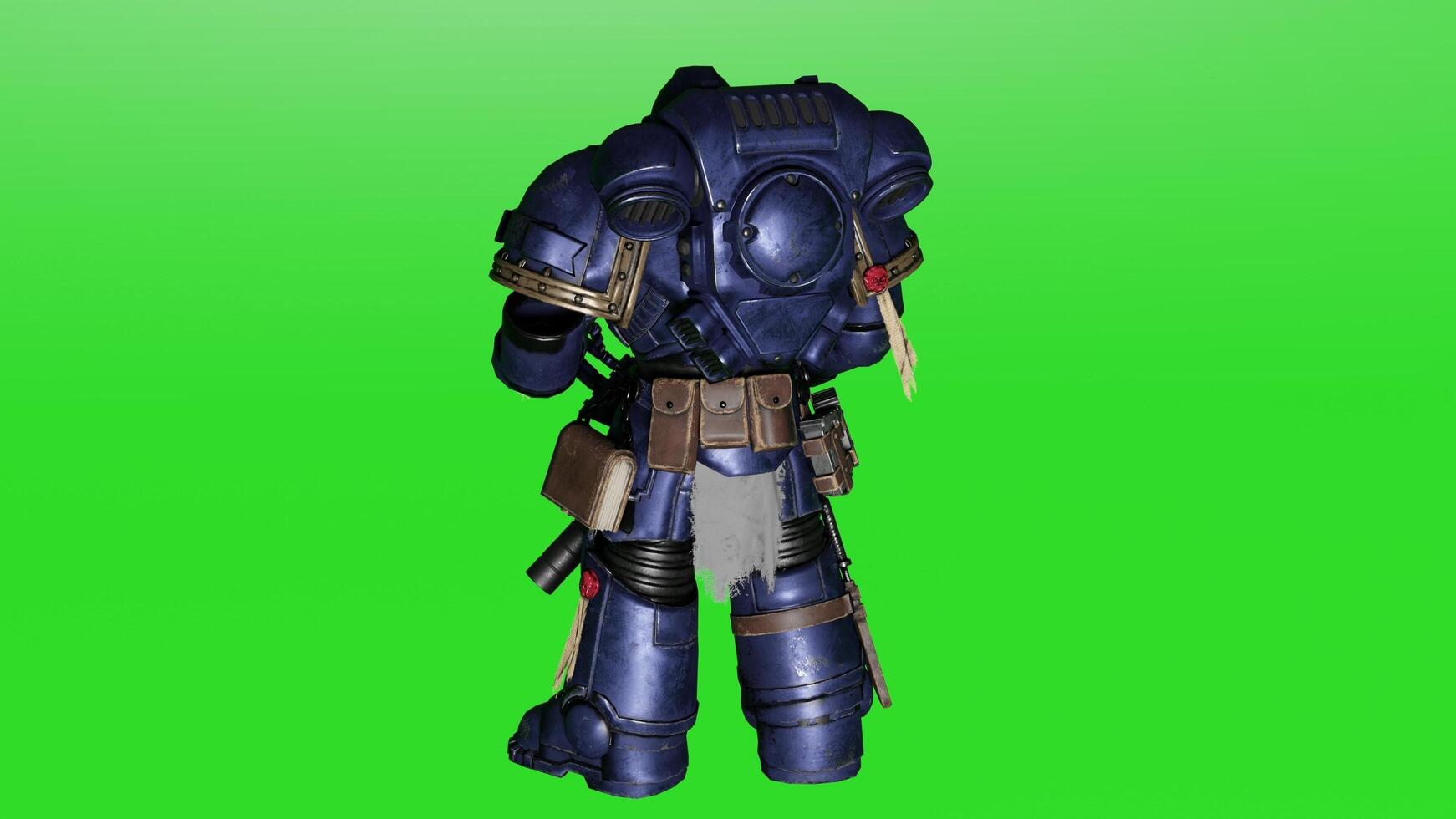 A 3d model of a space marine standing on a green screen photo