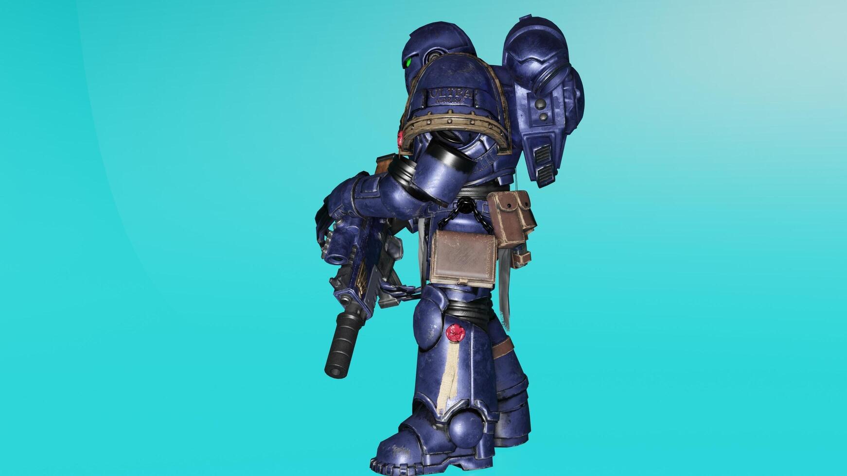 A blue and purple space marine standing with his arms out photo