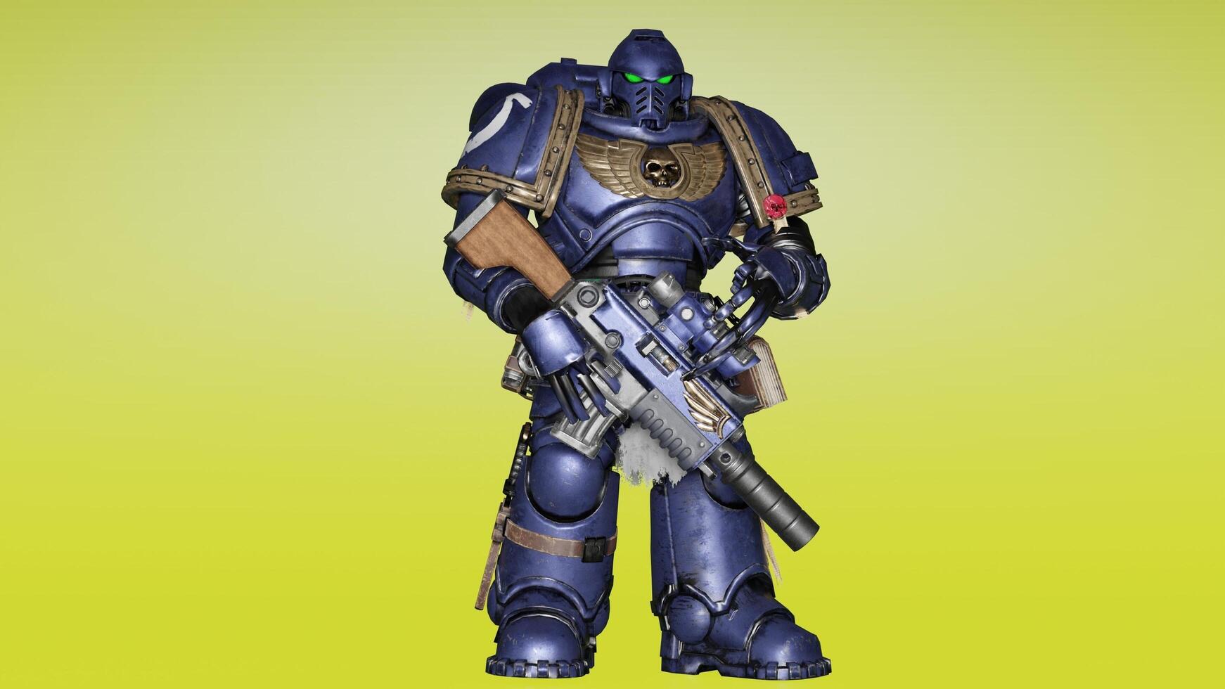 A blue warhammer with a gun and a helmet photo