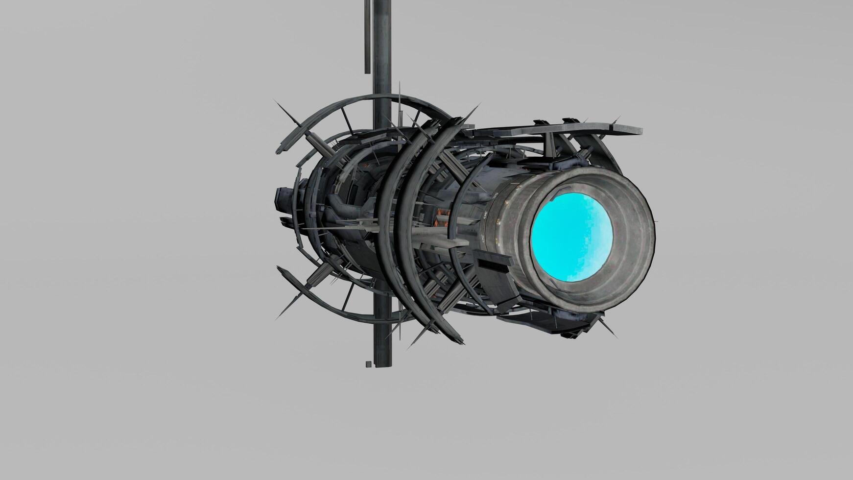 A large metal object with a blue light photo