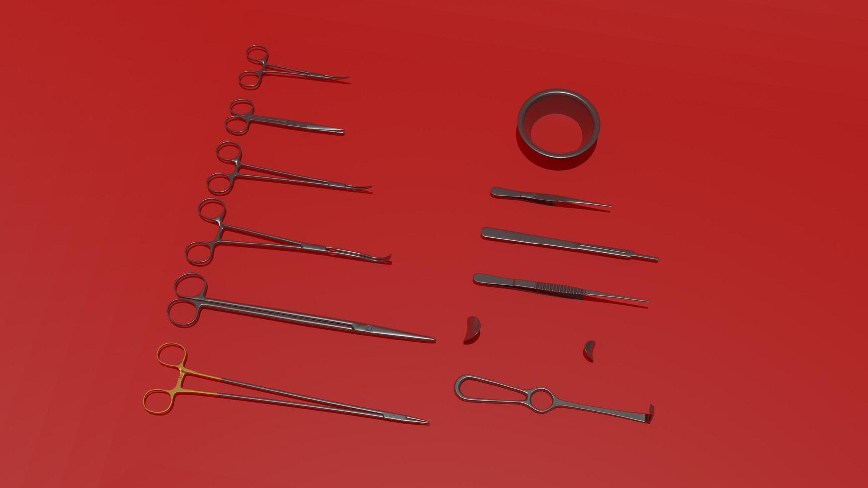 A collection of surgical instruments on a red background photo
