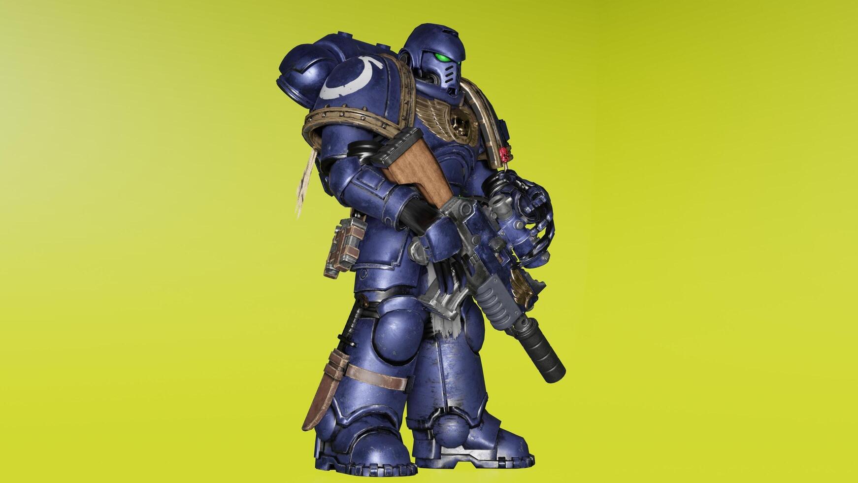 A blue warhammer with a gun and a green helmet photo