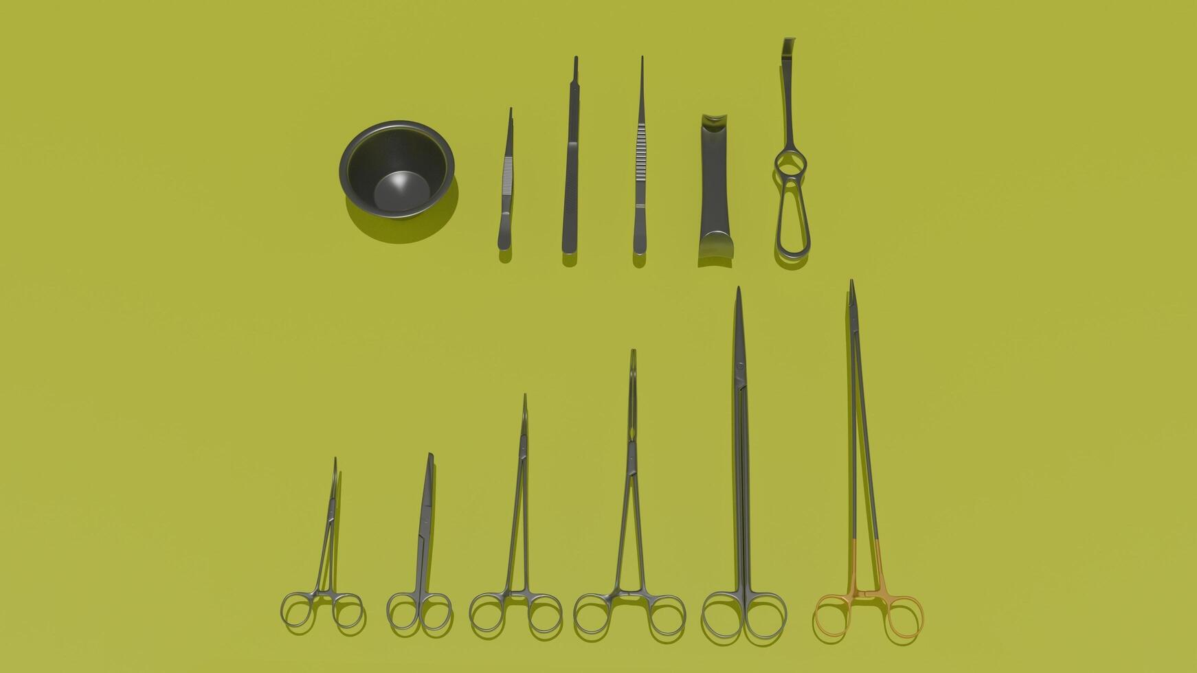 A collection of surgical instruments on a yellow background photo
