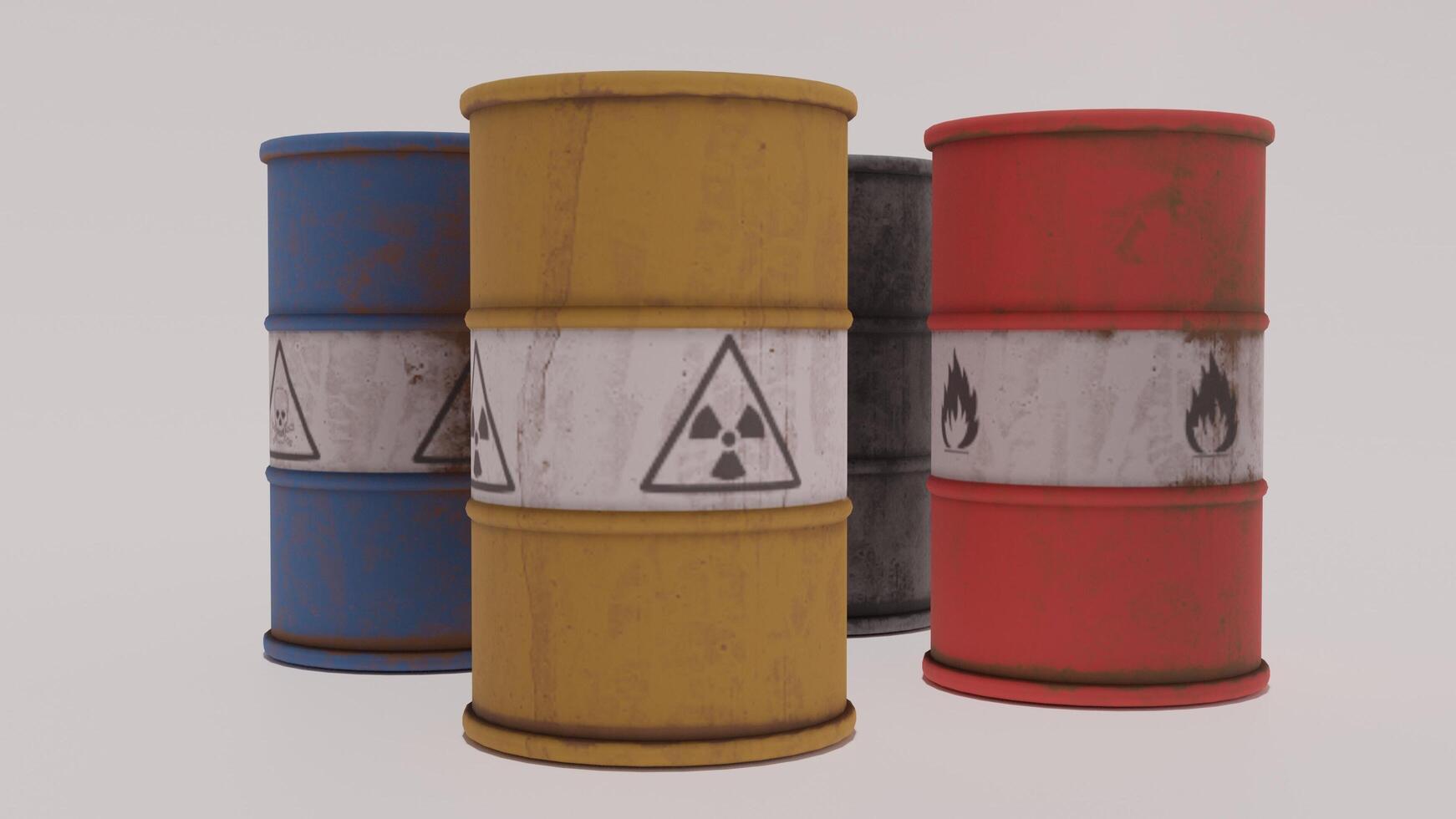 Three barrels with radioactive symbols on them photo