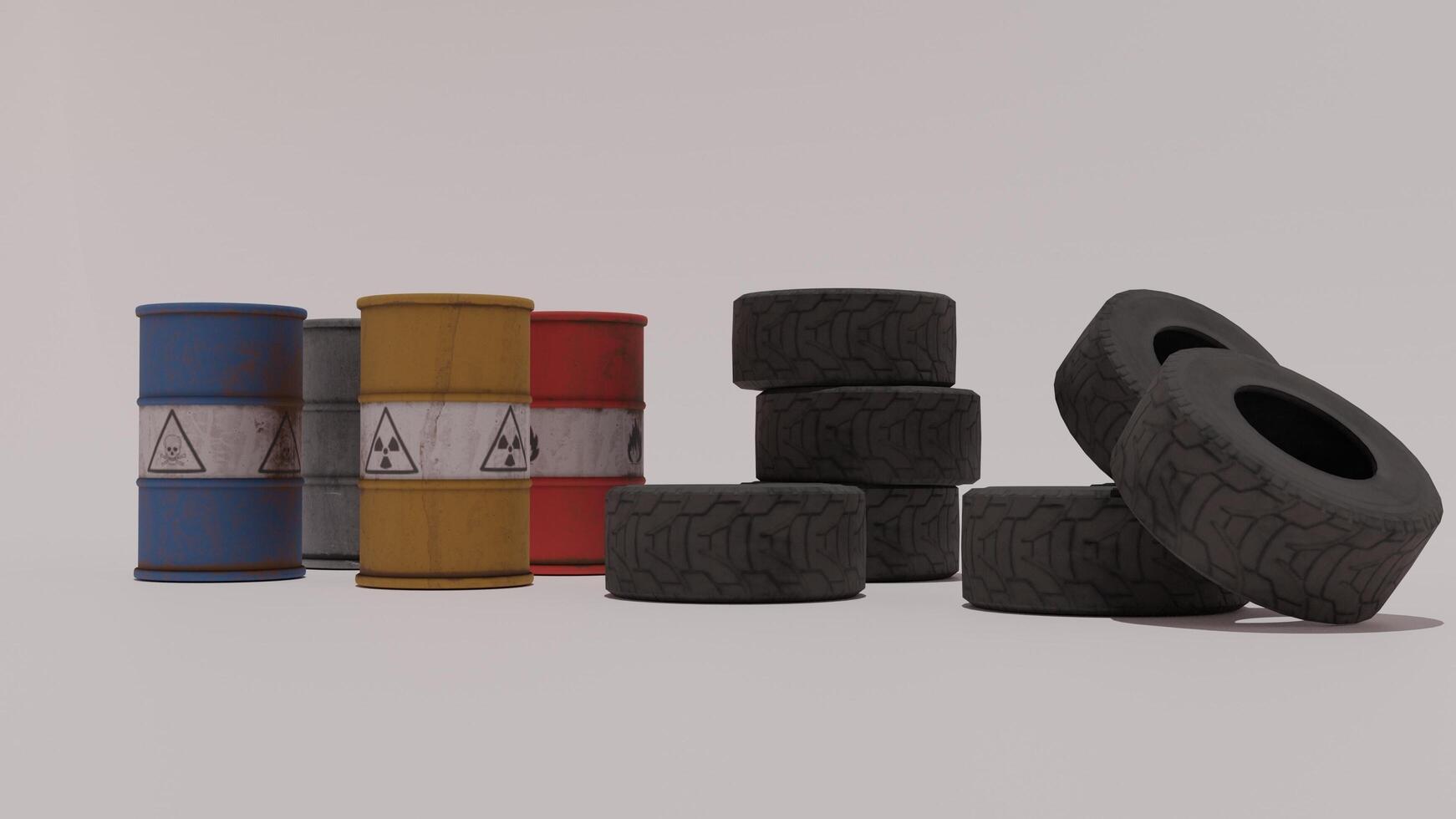 A group of tires and a barrel of oil photo