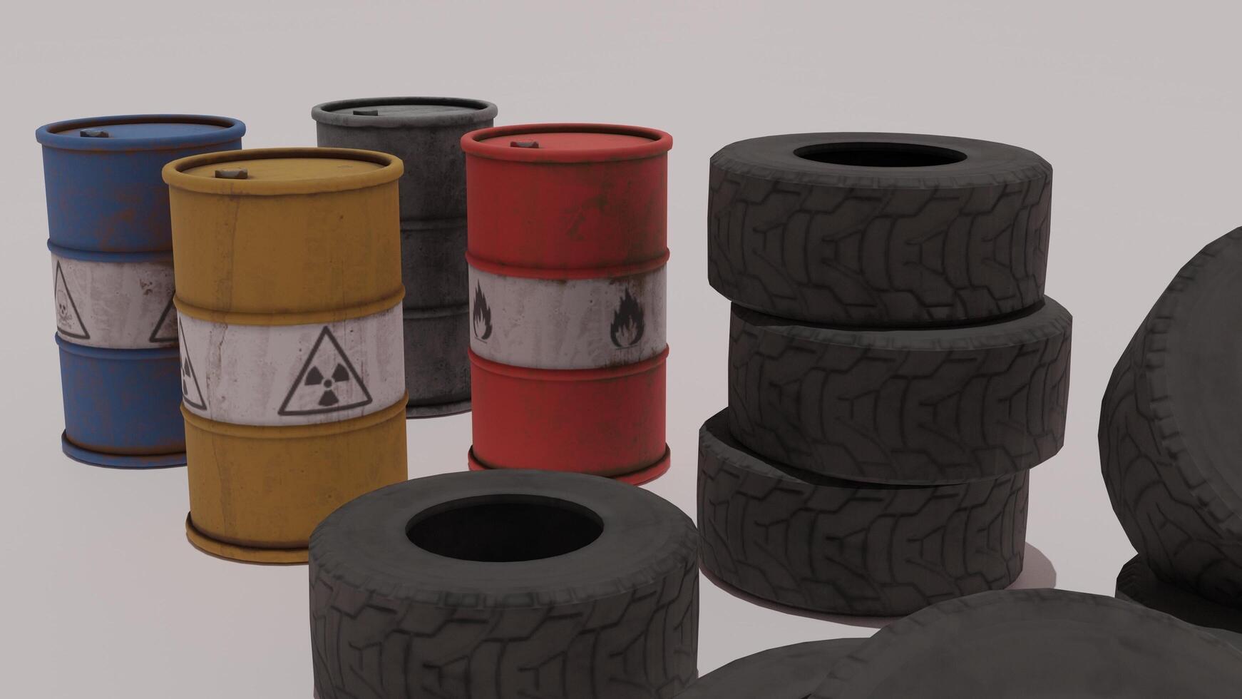 A group of tires and barrels with different colors photo