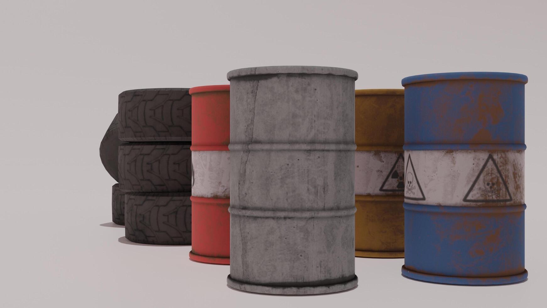 A group of barrels with different colors and sizes photo