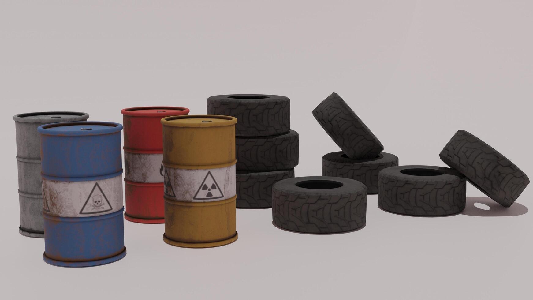 A group of tires and barrels with different colors photo