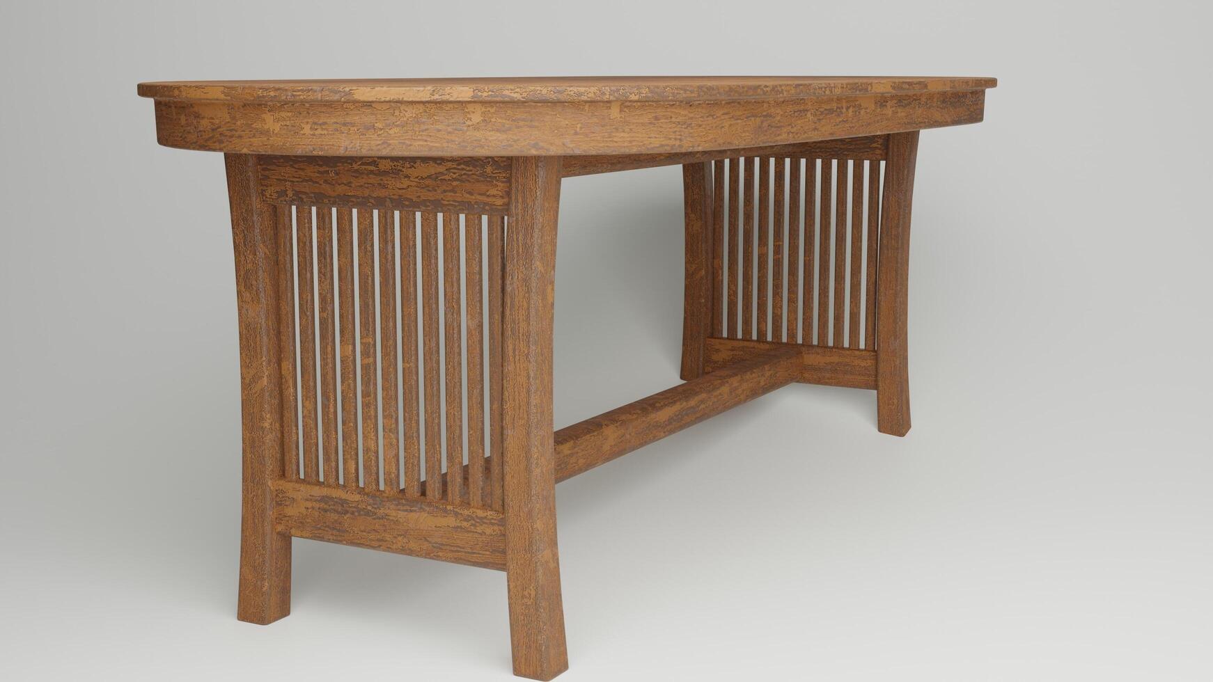 A wooden table with a curved top and wooden slats photo