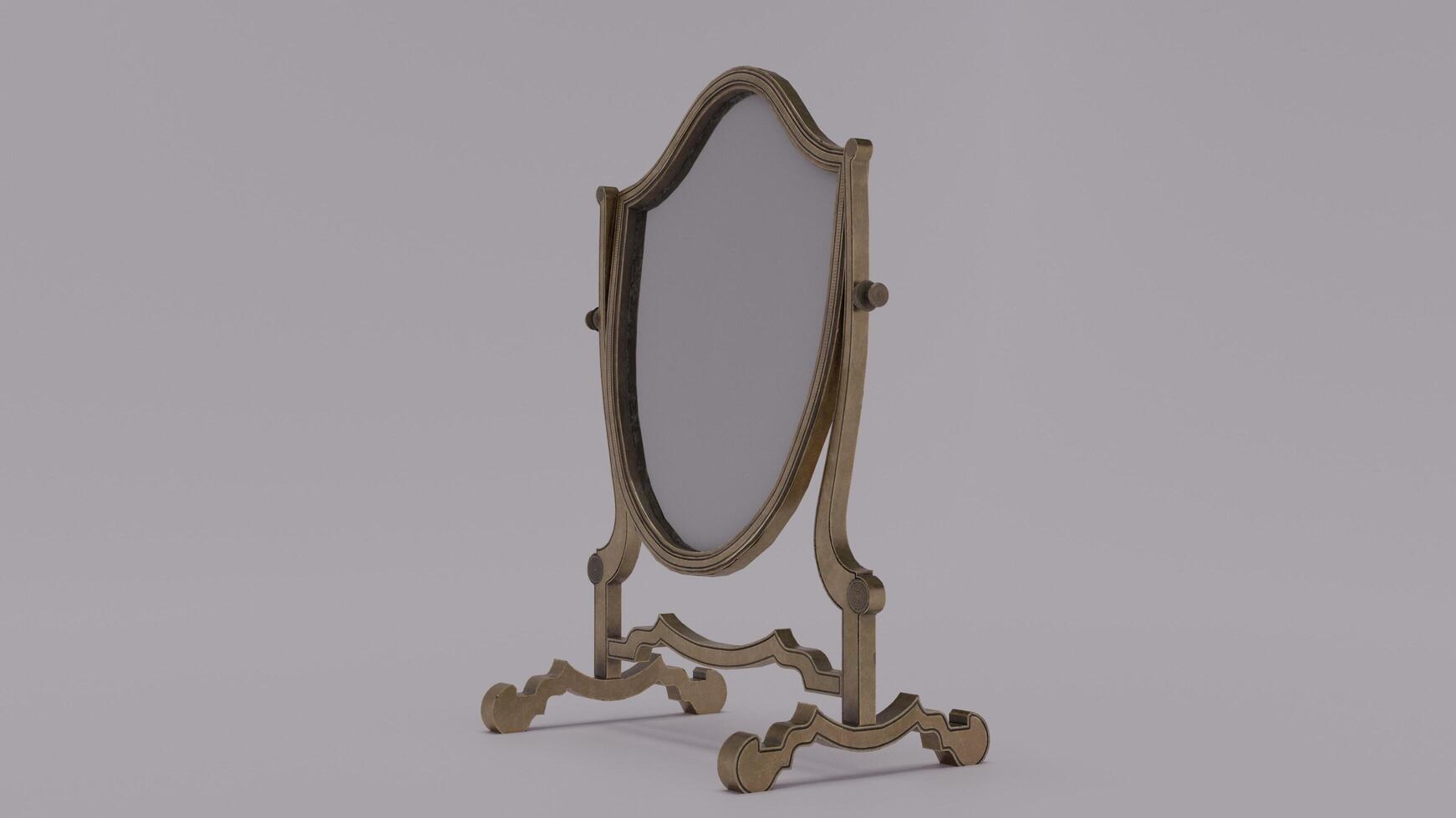 A small mirror on a stand with a wooden base photo