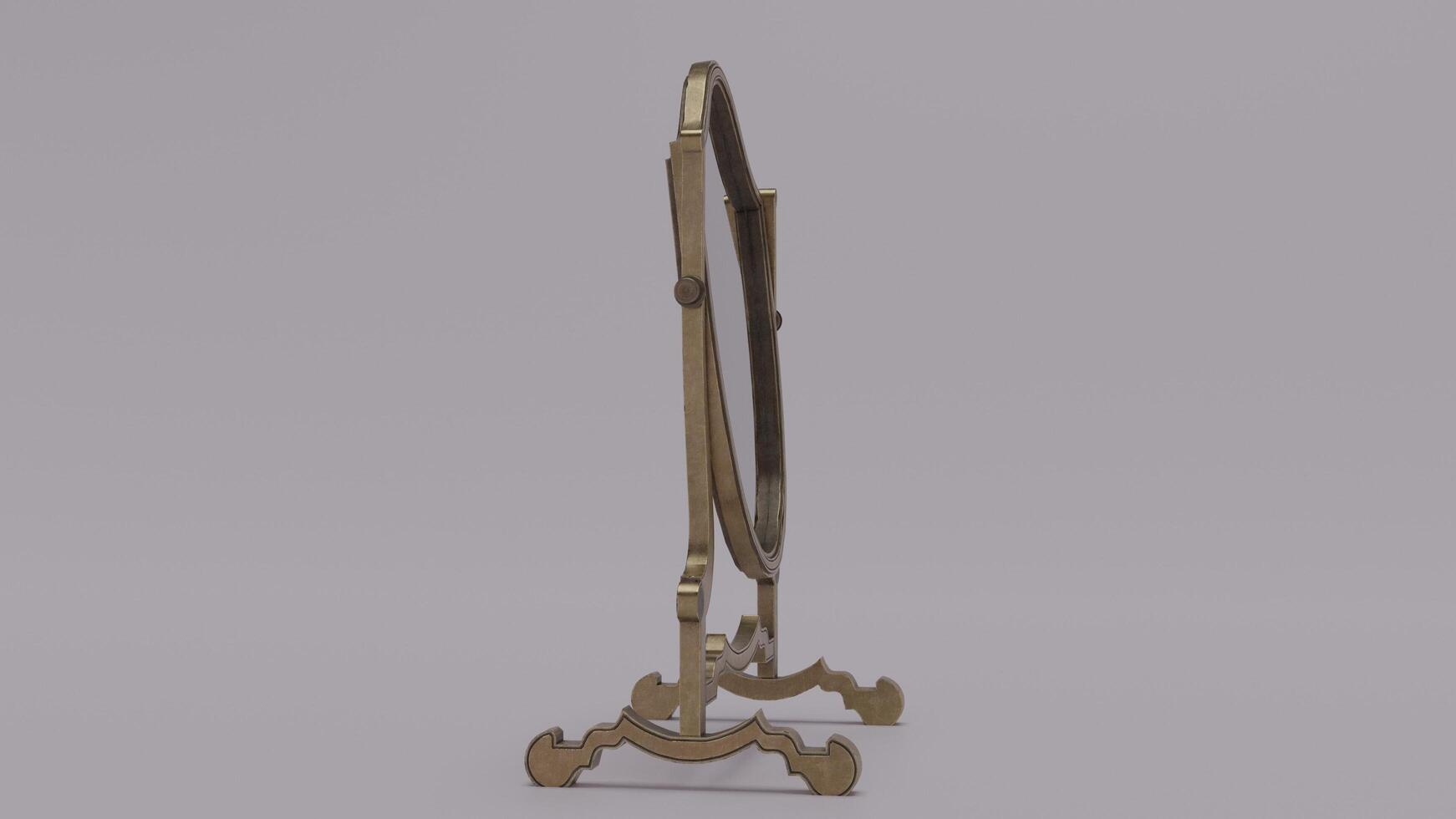 A mirror on a stand with a gold frame photo