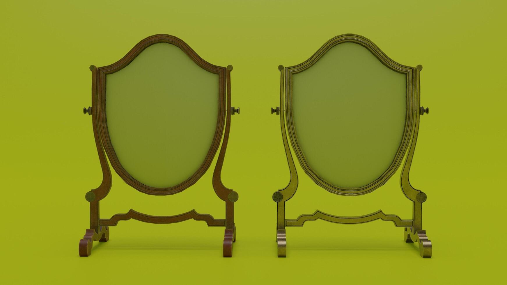 Two wooden mirrors on a green background photo