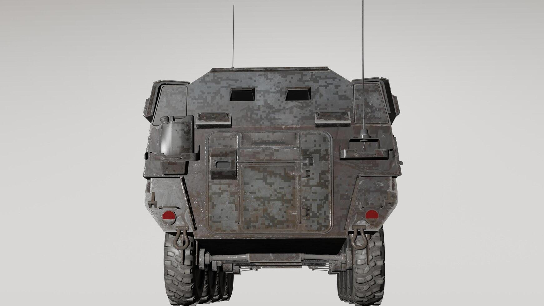 A military vehicle is shown in a 3d model photo
