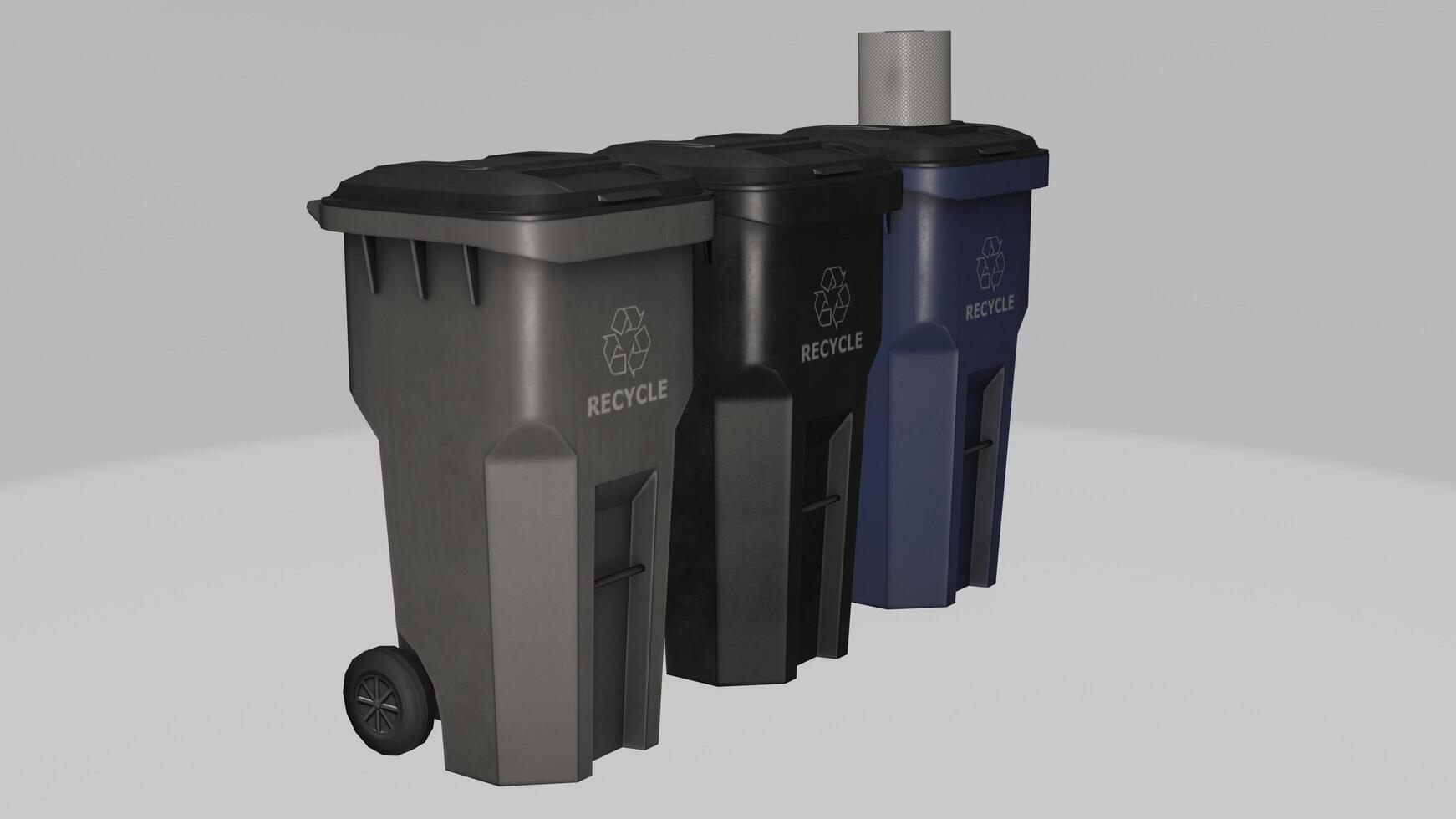 Three trash cans with different colors and sizes photo