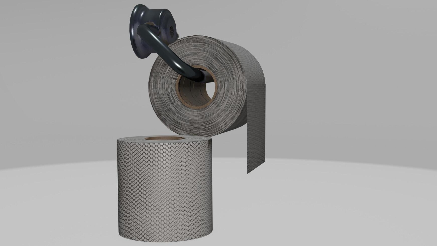 A roll of toilet paper is hanging on a metal hook photo