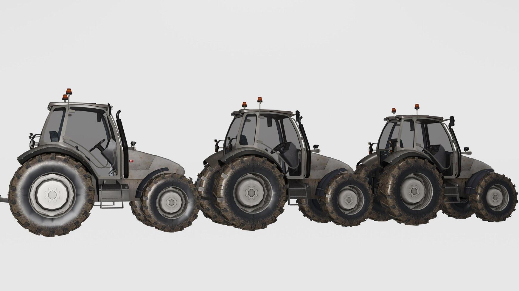 Three large tractors are shown in a row photo