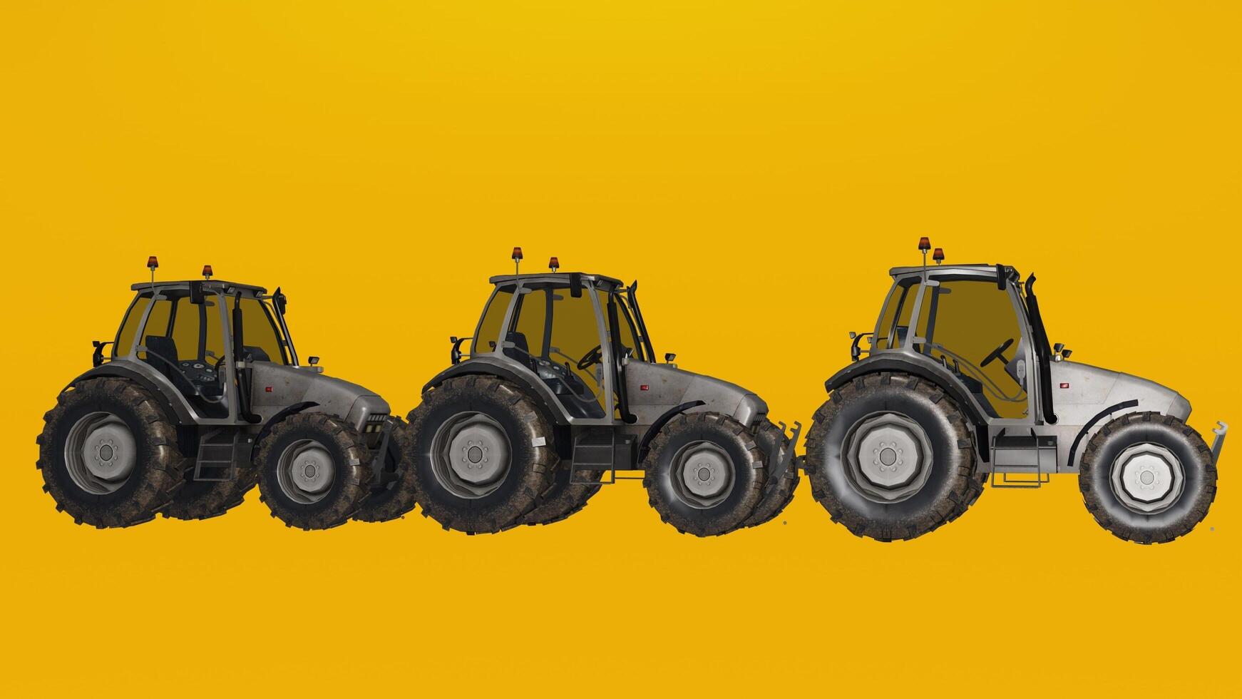 Three tractors are shown on a yellow background photo