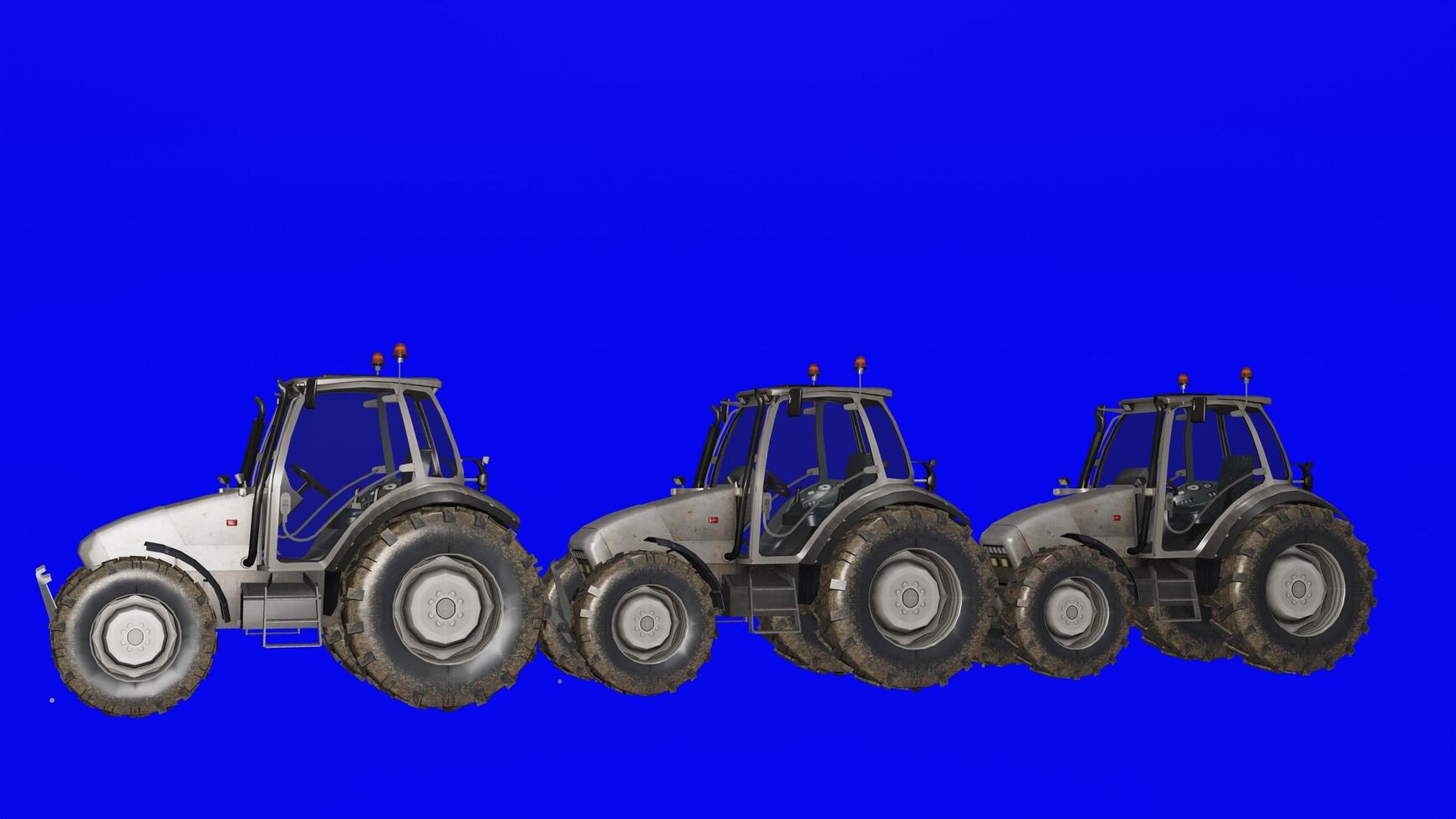 Three tractors are shown on a blue background photo