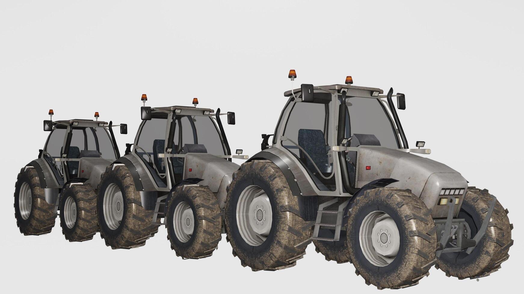 Three large tractors are lined up on a white background photo