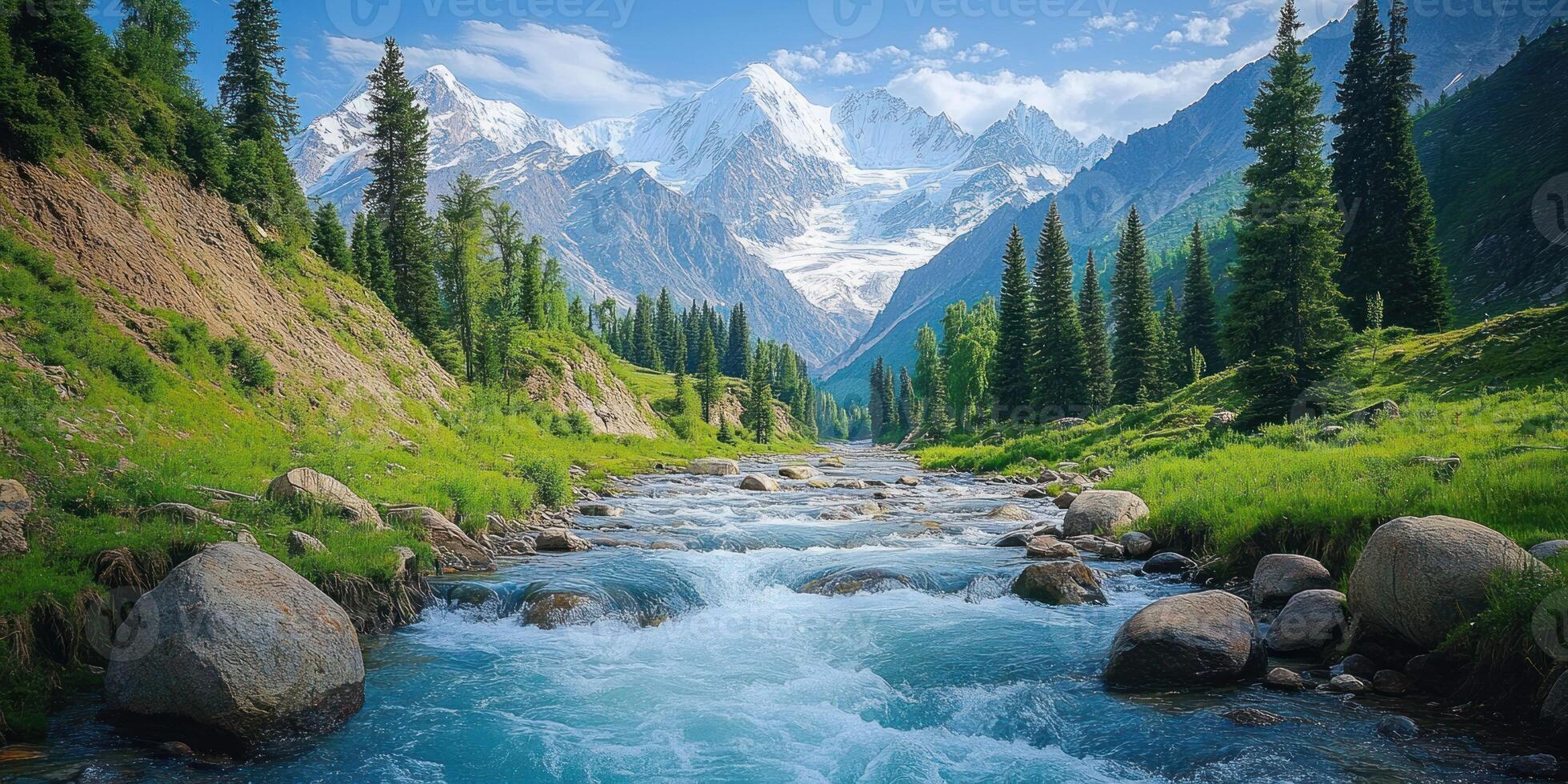A River Flows Through a Mountain Valley With Snow-Capped Peaks photo