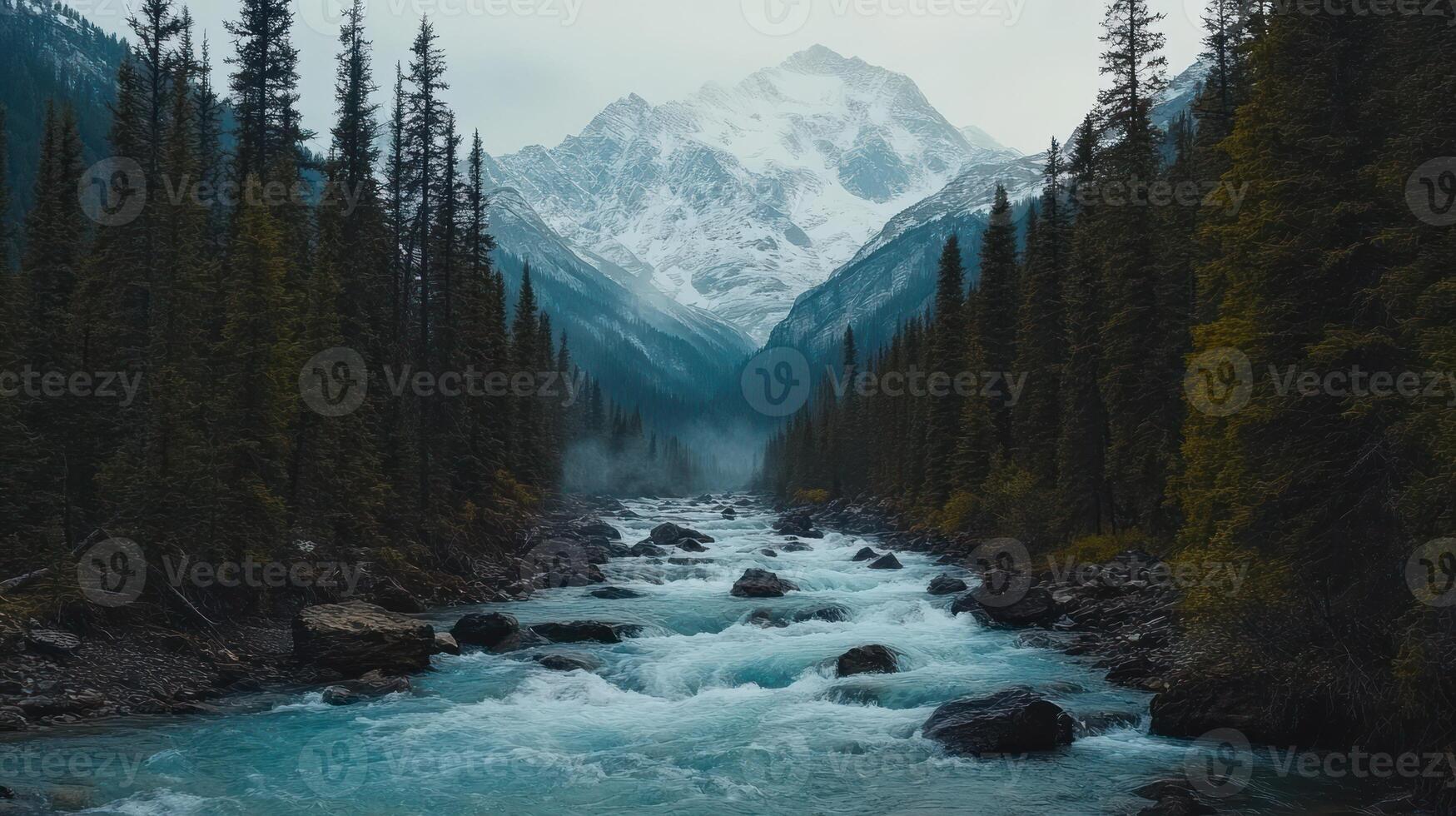 A River Flows Through a Forest Valley With a Snowy Mountain Peak in the Distance photo