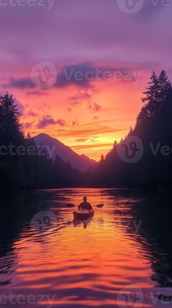 Kayaking at Sunset with Mountain and Water Reflection photo