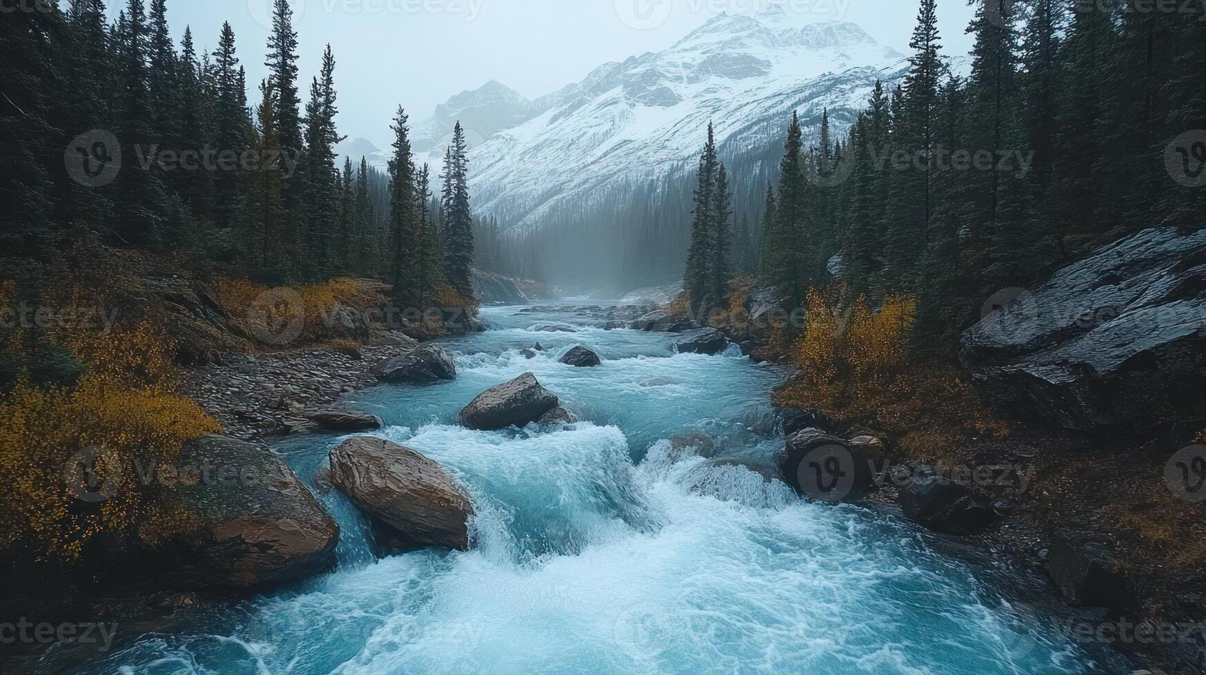 A fast-flowing river rushes through a mountain valley, surrounded by a dense forest and snow-capped peaks. photo