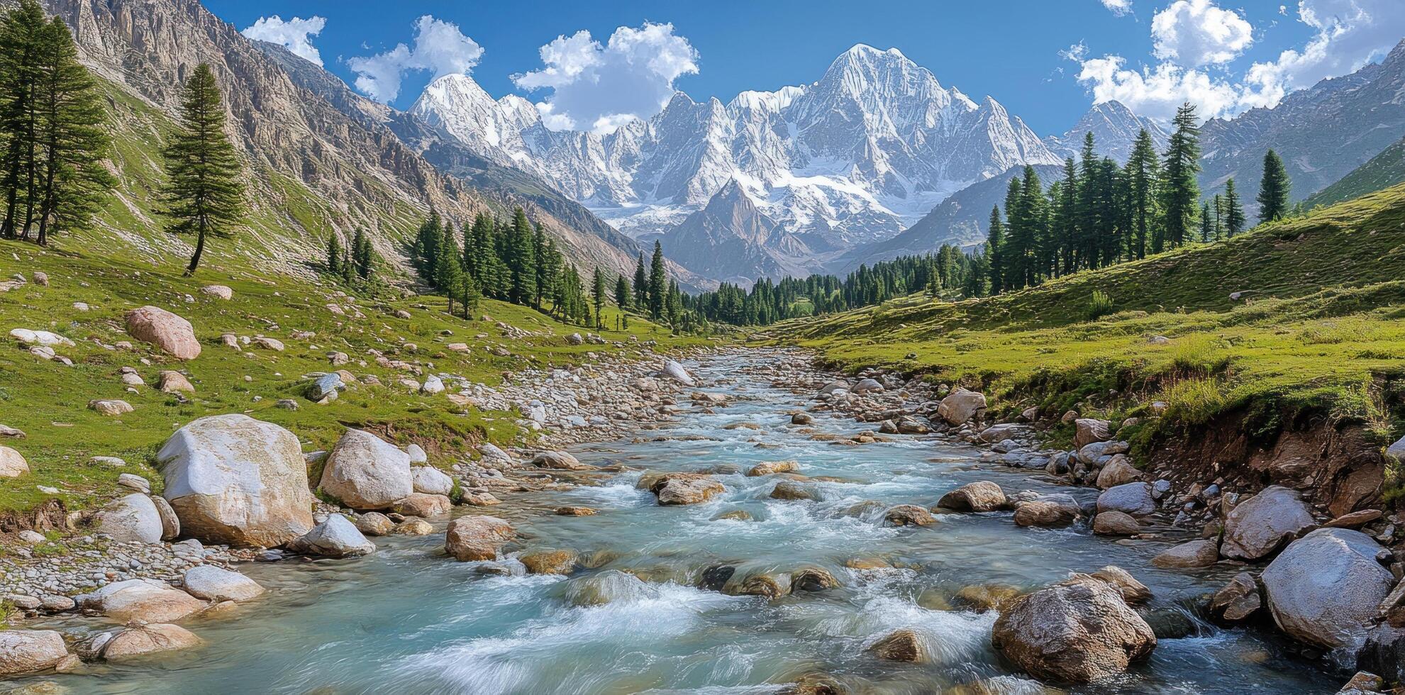 A mountain stream flows through a lush valley, with snow-capped peaks in the background. photo