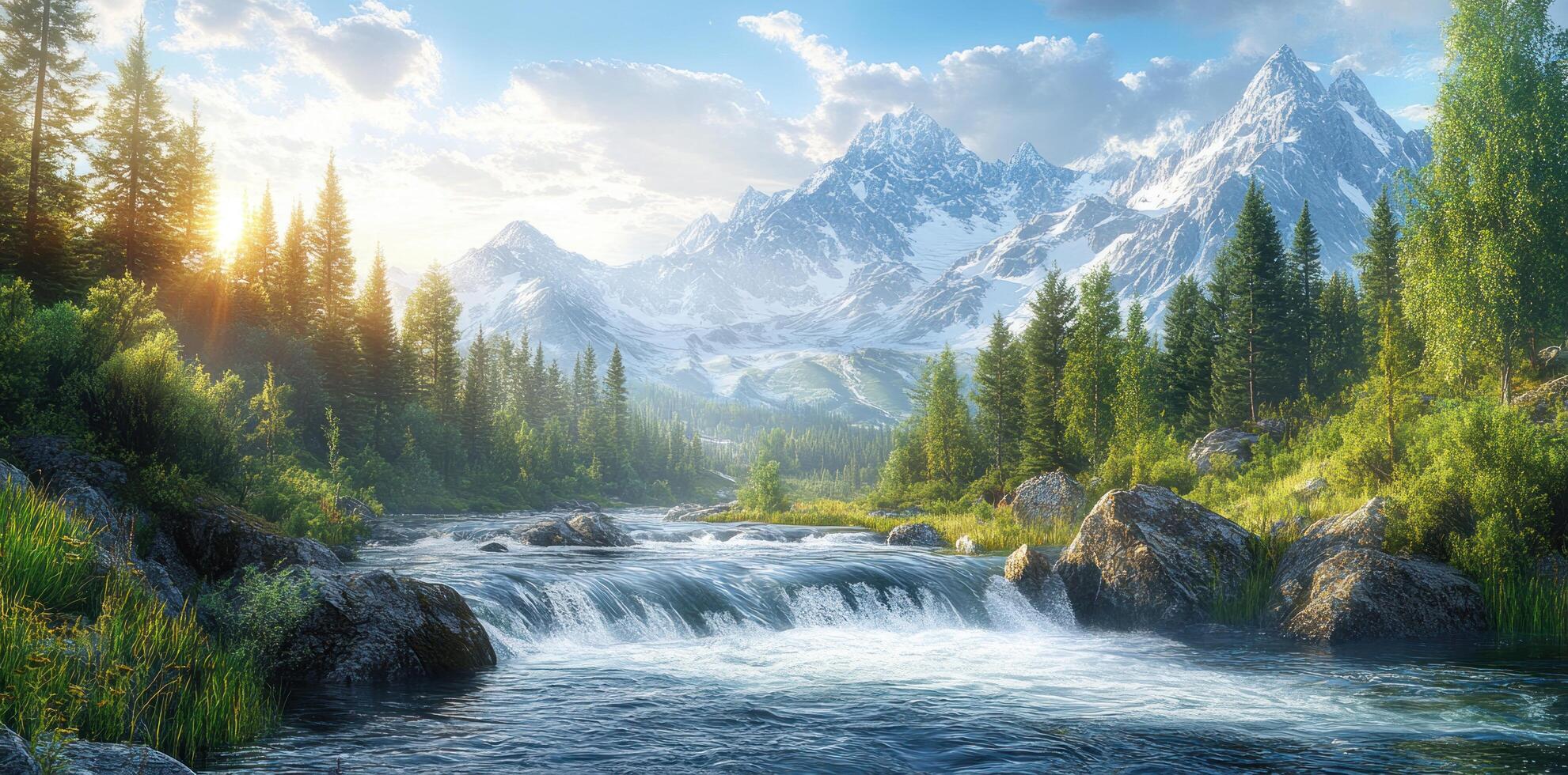 A Scenic View of a River Flowing Through a Forest with Snow-capped Mountains in the Background photo
