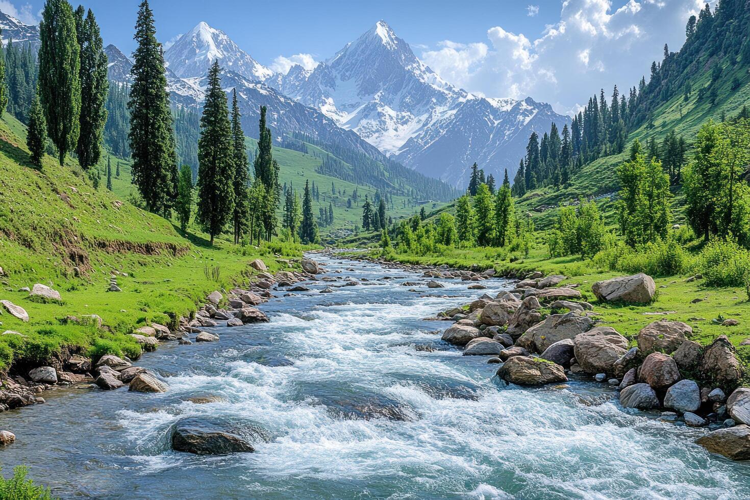 A Mountain River Flows Through a Lush Valley, Surrounded by Snow-Covered Peaks photo