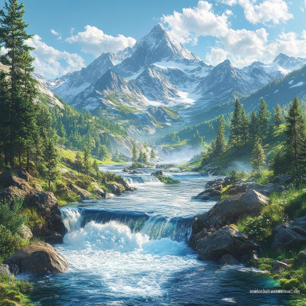 A River Flowing Through a Mountain Valley with Snow-Capped Peaks photo