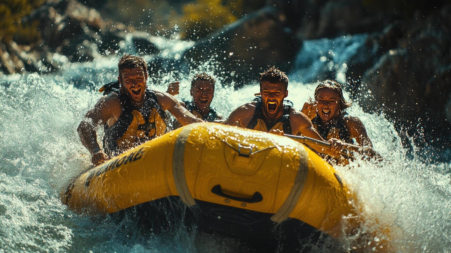 Four Adventurous Friends Whitewater Rafting Through Rapids photo
