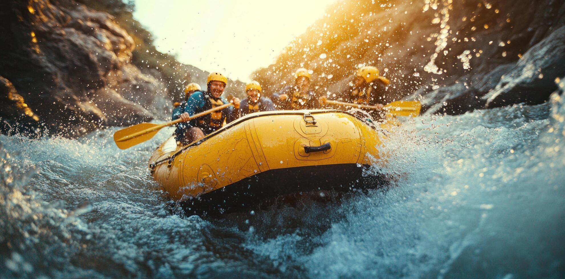 Rafting through a turbulent river with splashing water photo