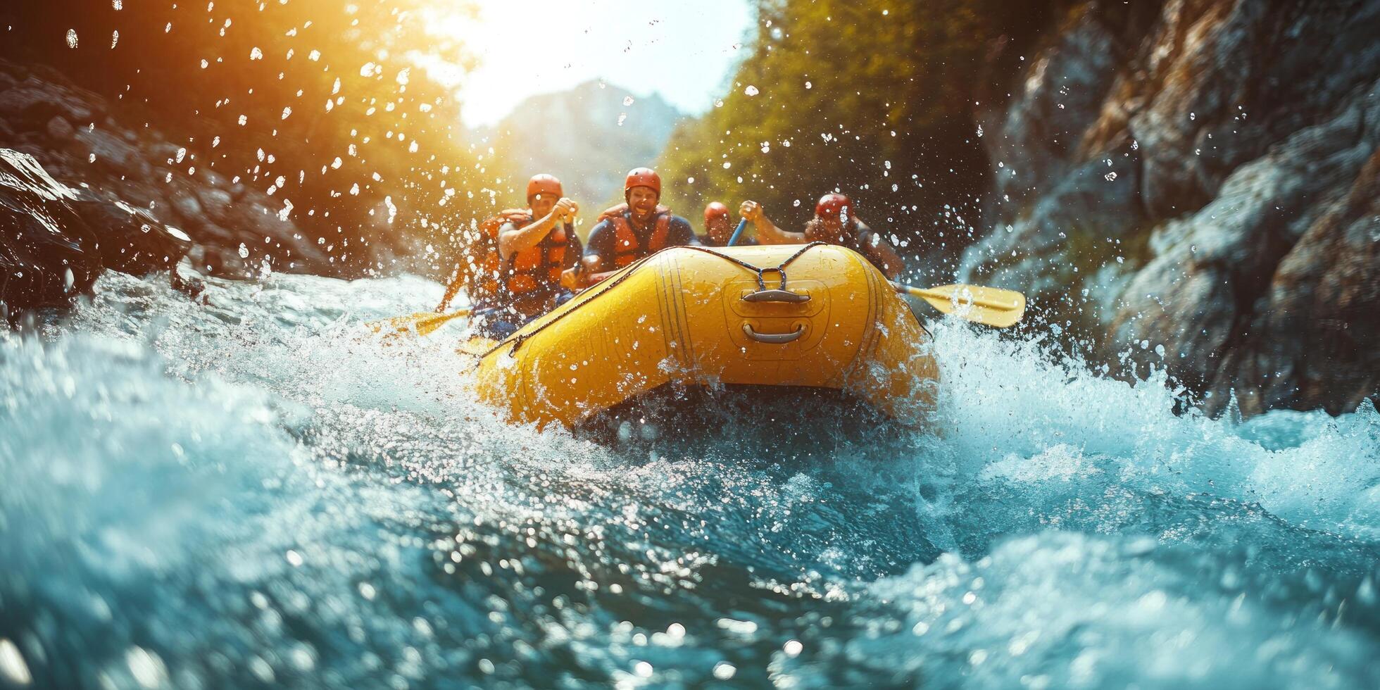 A group of rafters navigate a rapid on a bright day. photo